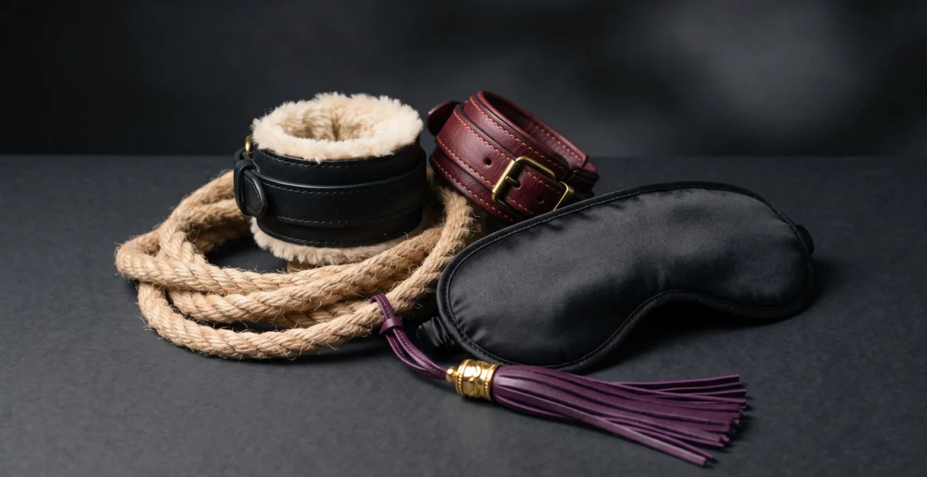 Composition élégante d'accessoires BDSM premium incluant menottes en cuir, corde de shibari, bandeau en satin et fouet, arrangés artistiquement sur fond noir.