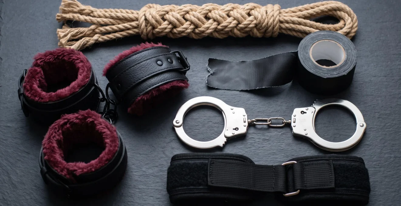 Vue de dessus d'une collection d'accessoires de bondage incluant différents types de menottes, scotch de bondage et corde de shibari nouée artistiquement sur surface sombre.
