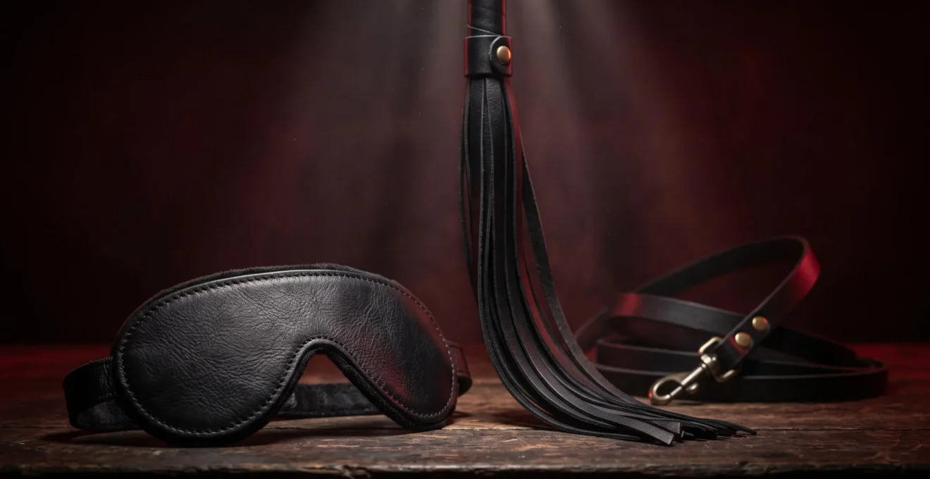 Mise en scène atmosphérique d'accessoires de domination incluant masque en cuir noir, fouet suspendu et laisse, avec éclairage rouge créant des jeux d'ombres dramatiques.