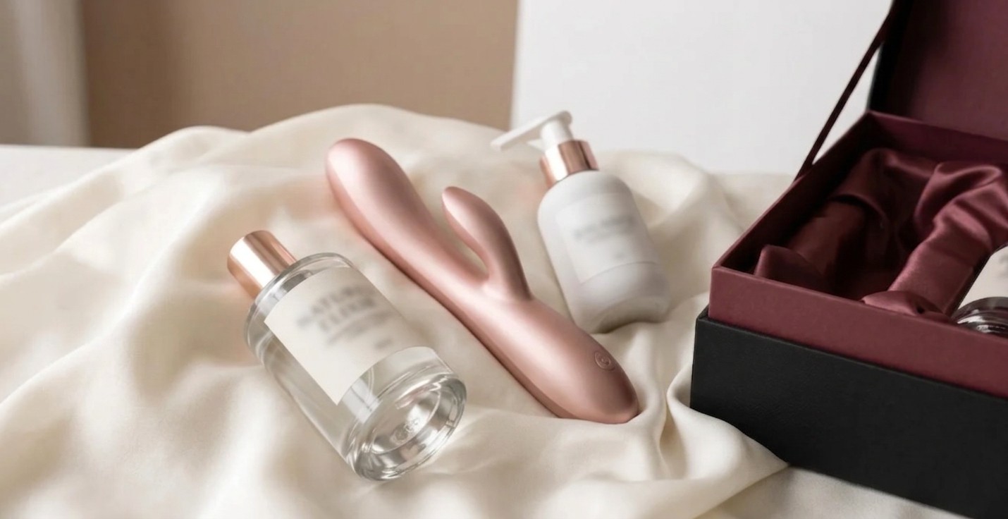Composition raffinée de sextoys haut de gamme et accessoires d'hygiène intime incluant vibromasseur design, flacon de lubrifiant premium et coffret cadeau BDSM partiellement ouvert sur tissu soyeux.