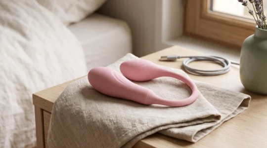 Gros plan d'un sextoy rose en silicone posé sur un tissu beige, avec un câble de recharge USB en arrière-plan dans une chambre lumineuse.